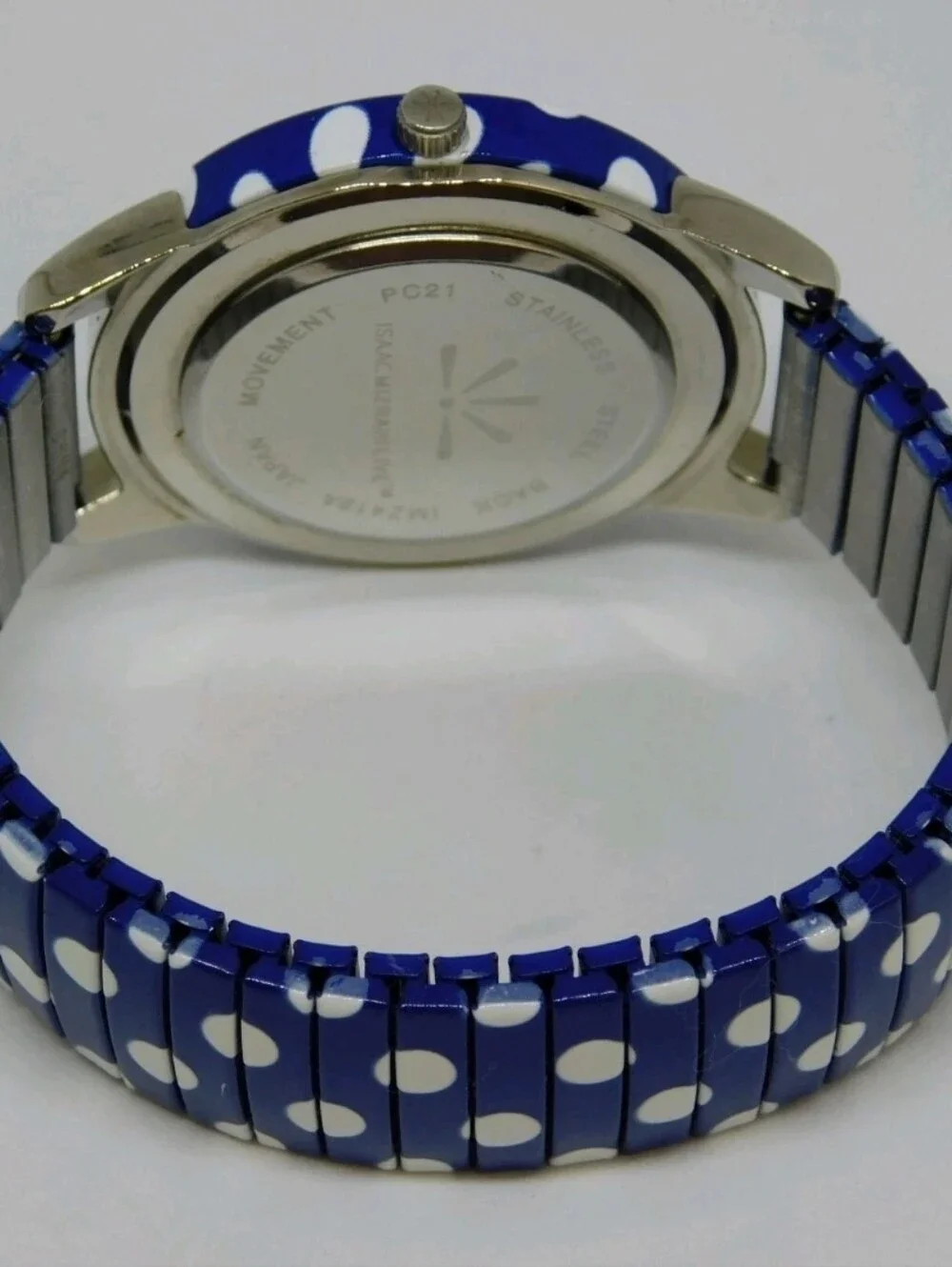 ISAAC MIZRAHI NEW Navy Polka Dot Stretch Band Women's Watch